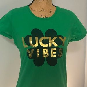 Lucky Vibes green t-shirt with shamrock and perfect for St. Patrick’s Day
